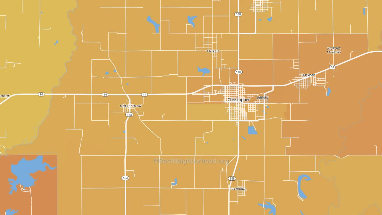 Map of the best neighborhoods in the 62865 area, with better matches in green and worse matches in red
