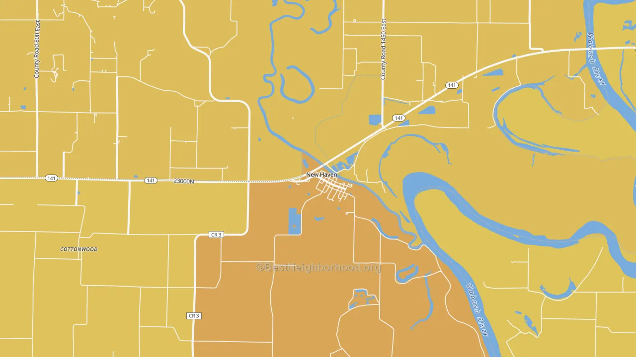 Map of the best neighborhoods in the 62867 area, with better matches in green and worse matches in red