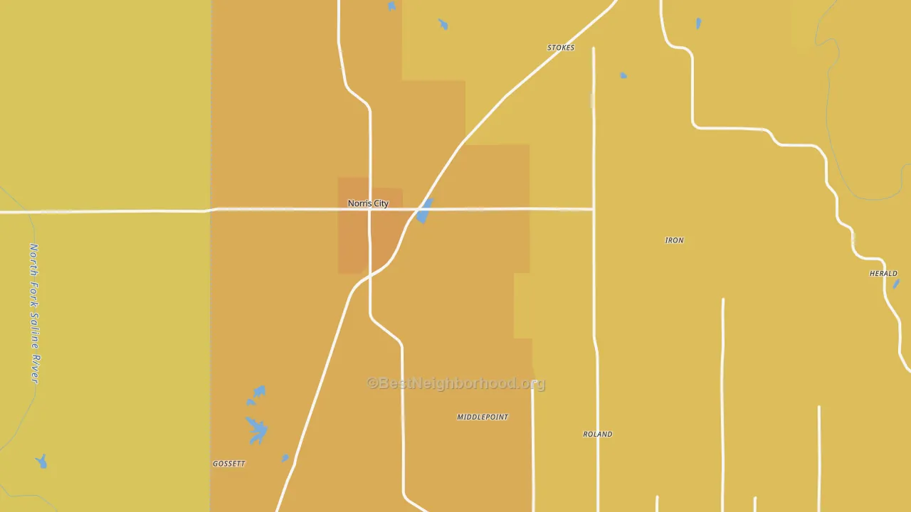 Map of the best neighborhoods in the 62869 area, with better matches in green and worse matches in red