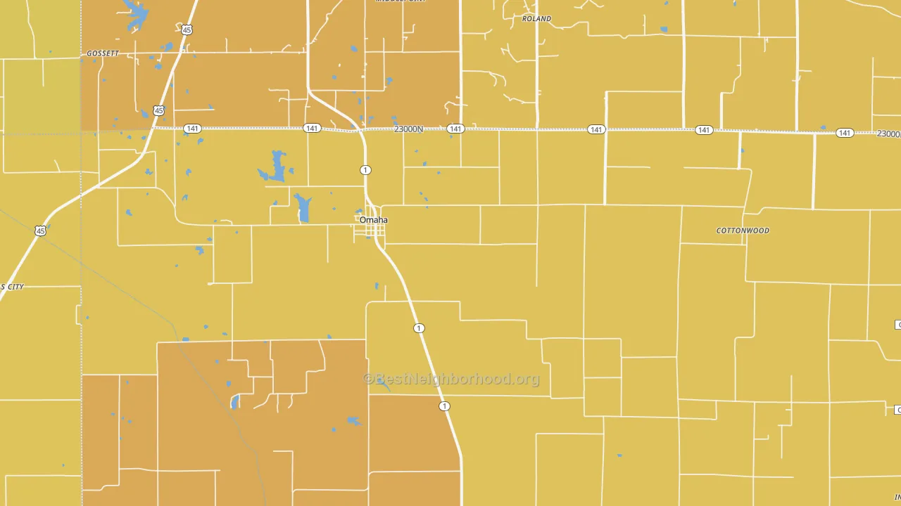 Map of the best neighborhoods in the 62871 area, with better matches in green and worse matches in red