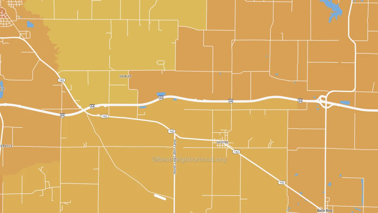Map of the best neighborhoods in the 62872 area, with better matches in green and worse matches in red