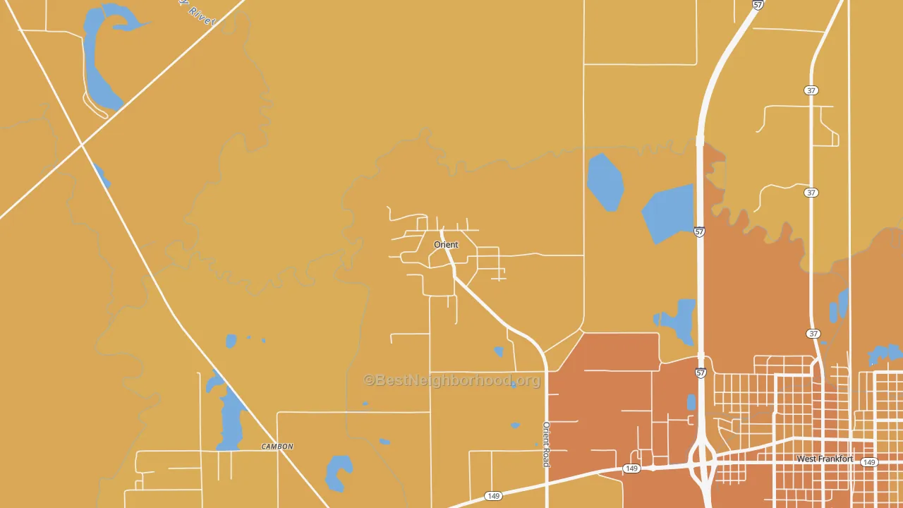 Map of the best neighborhoods in the 62874 area, with better matches in green and worse matches in red