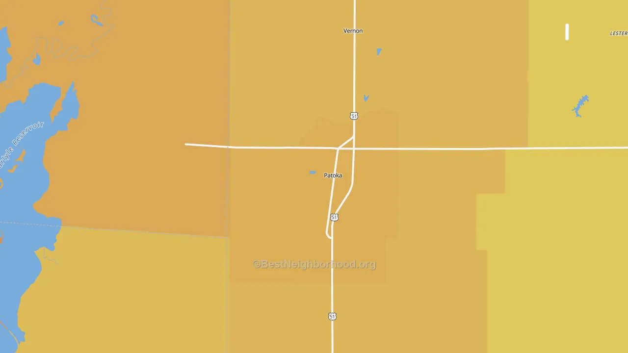 Map of the best neighborhoods in the 62875 area, with better matches in green and worse matches in red