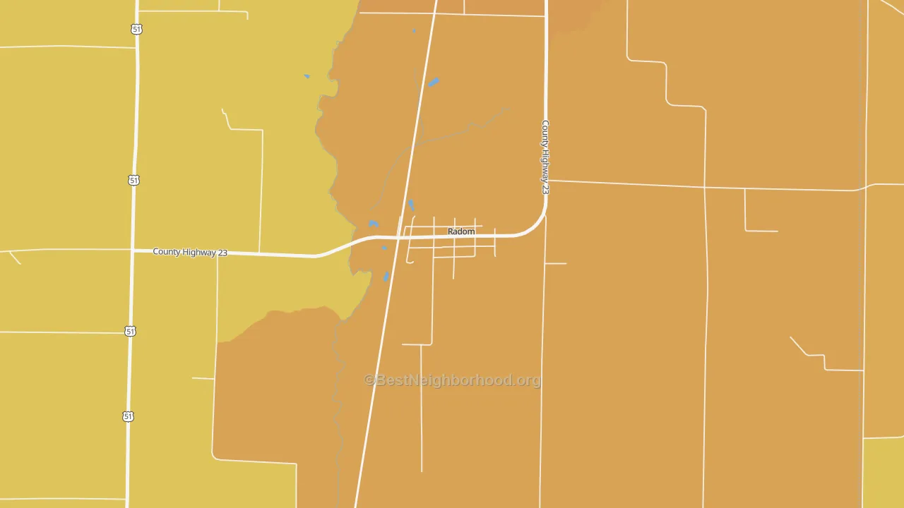 Map of the best neighborhoods in the 62876 area, with better matches in green and worse matches in red