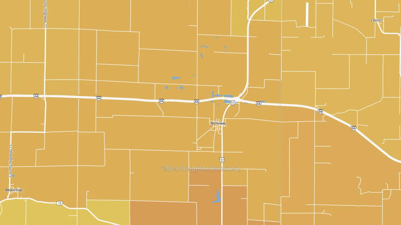Map of the best neighborhoods in the 62877 area, with better matches in green and worse matches in red