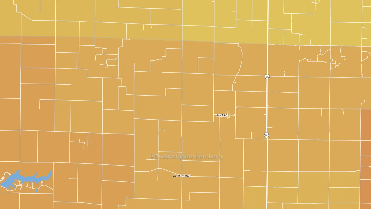 Map of the best neighborhoods in the 62878 area, with better matches in green and worse matches in red
