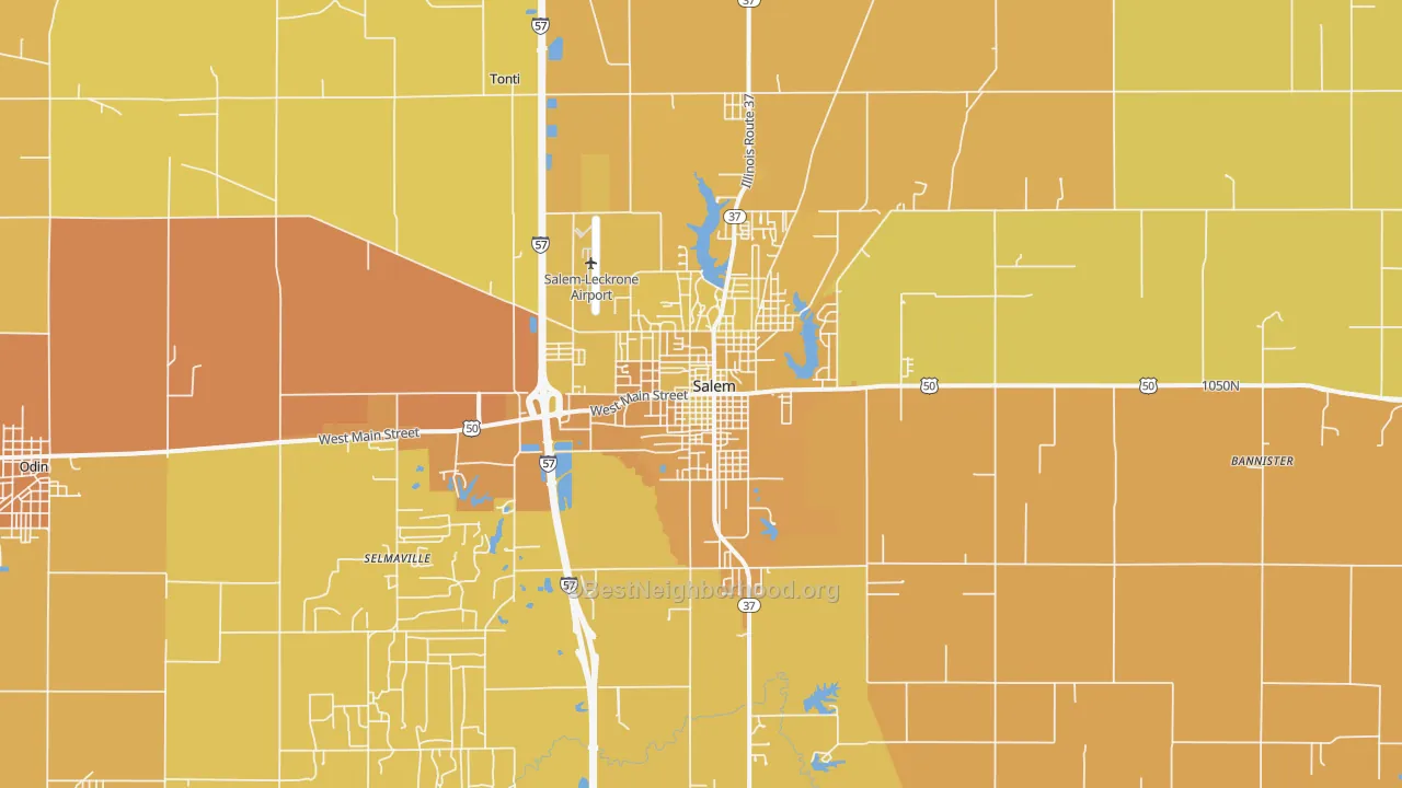 Map of the best neighborhoods in the 62881 area, with better matches in green and worse matches in red