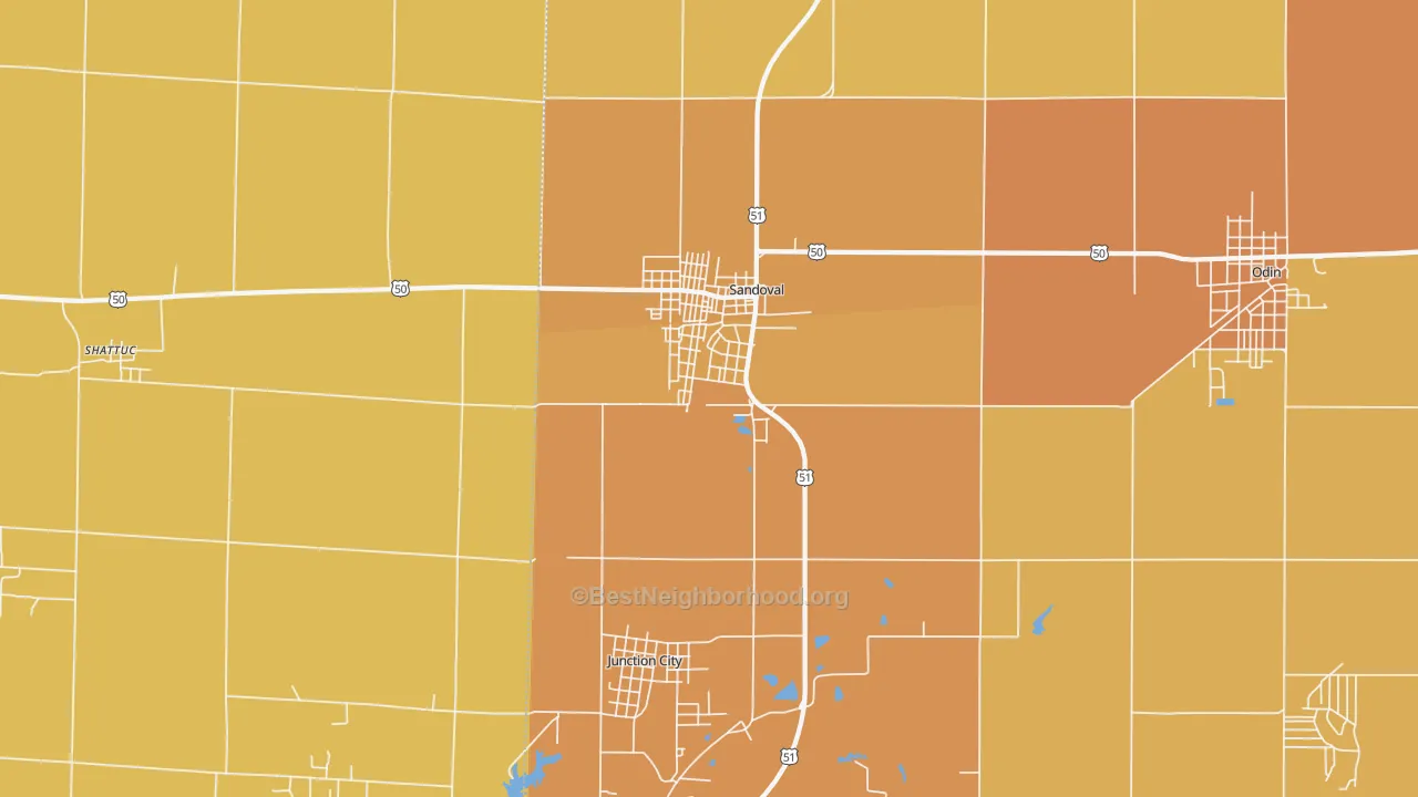 Map of the best neighborhoods in the 62882 area, with better matches in green and worse matches in red