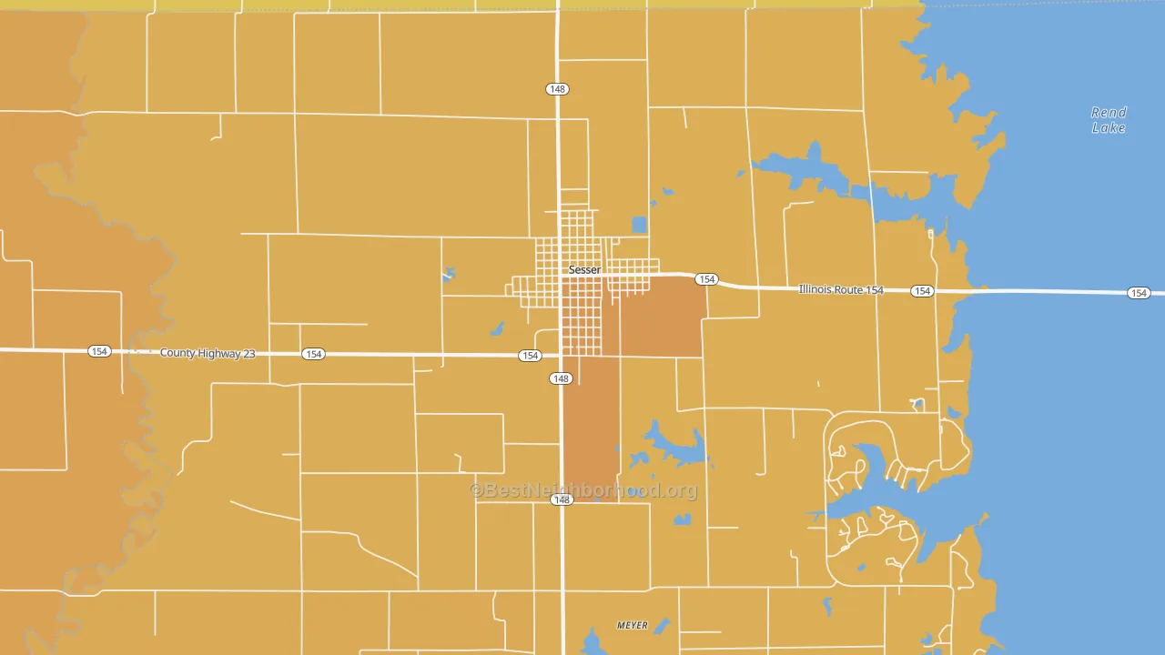 Map of the best neighborhoods in the 62884 area, with better matches in green and worse matches in red