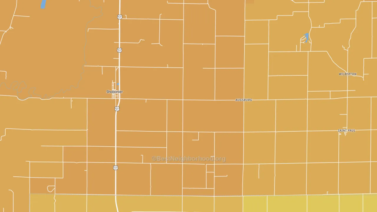 Map of the best neighborhoods in the 62885 area, with better matches in green and worse matches in red