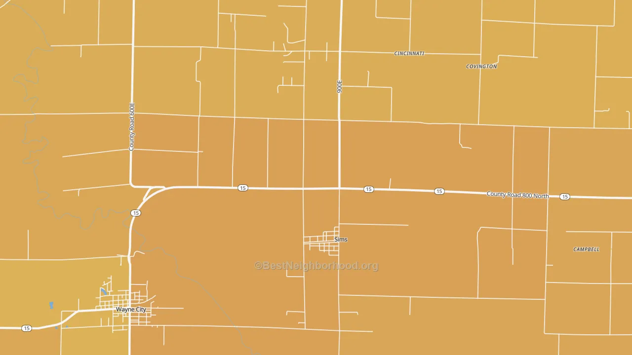 Map of the best neighborhoods in the 62886 area, with better matches in green and worse matches in red