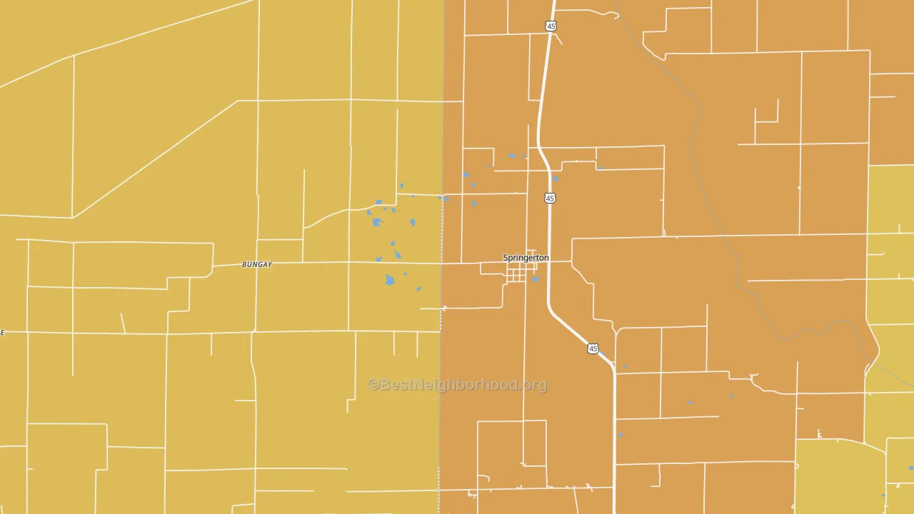 Map of the best neighborhoods in the 62887 area, with better matches in green and worse matches in red