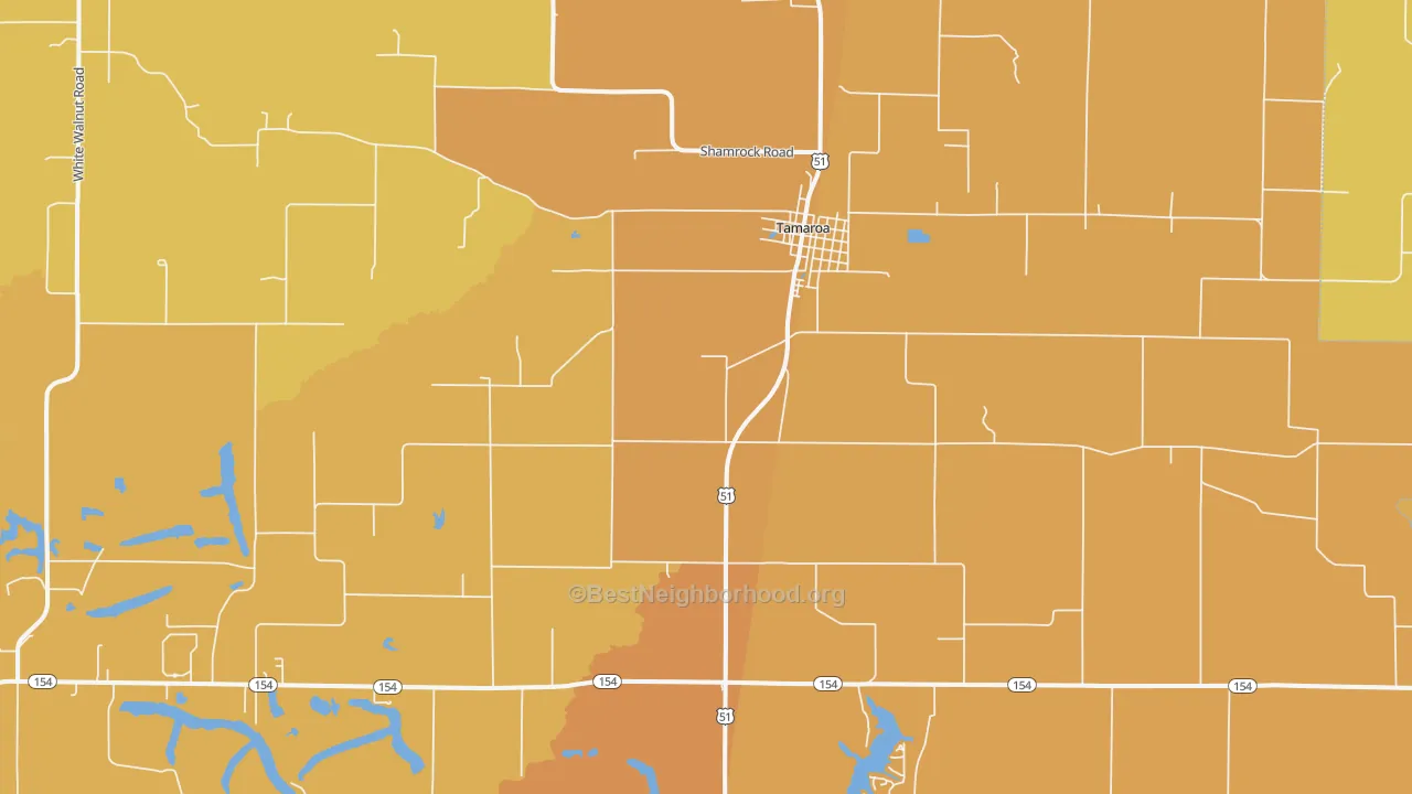 Map of the best neighborhoods in the 62888 area, with better matches in green and worse matches in red
