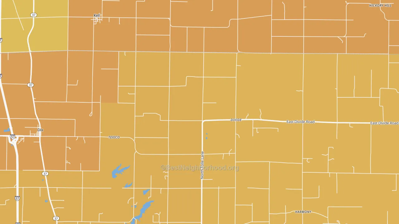Map of the best neighborhoods in the 62889 area, with better matches in green and worse matches in red