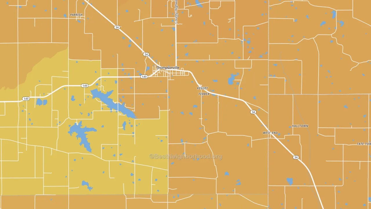 Map of the best neighborhoods in the 62890 area, with better matches in green and worse matches in red