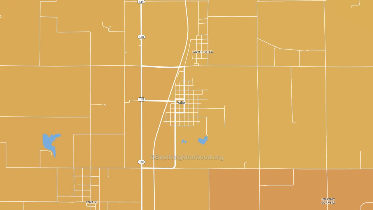 Map of the best neighborhoods in the 62891 area, with better matches in green and worse matches in red