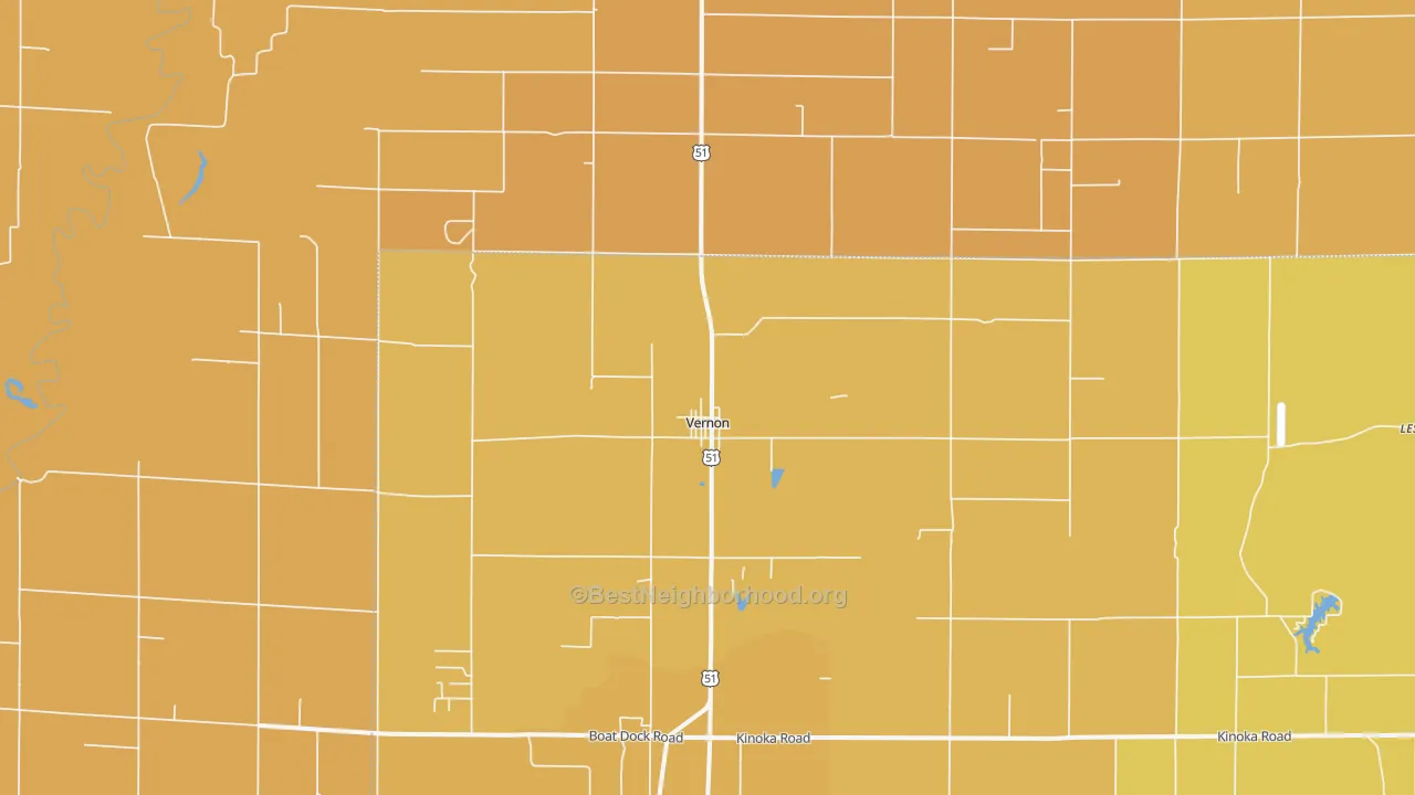 Map of the best neighborhoods in the 62892 area, with better matches in green and worse matches in red