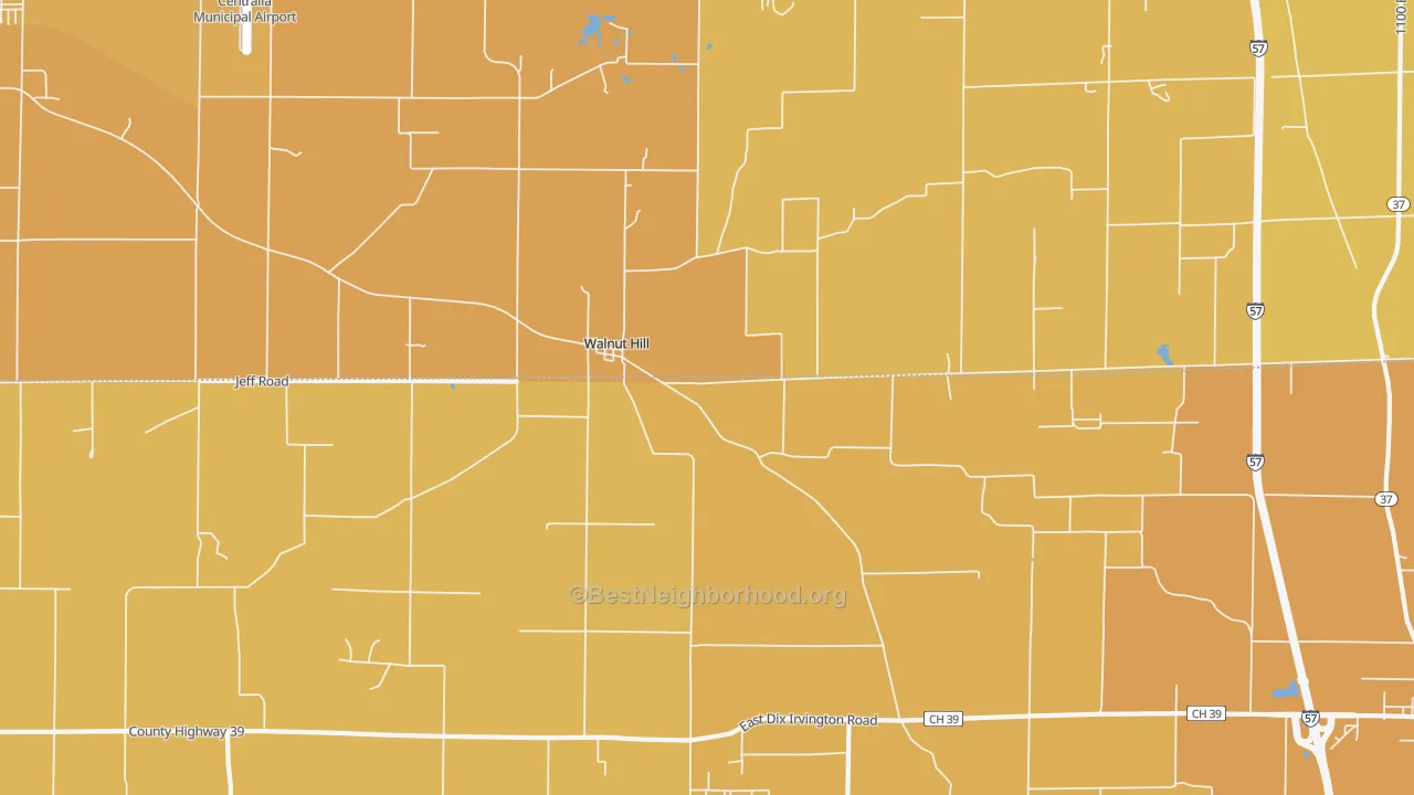 Map of the best neighborhoods in the 62893 area, with better matches in green and worse matches in red