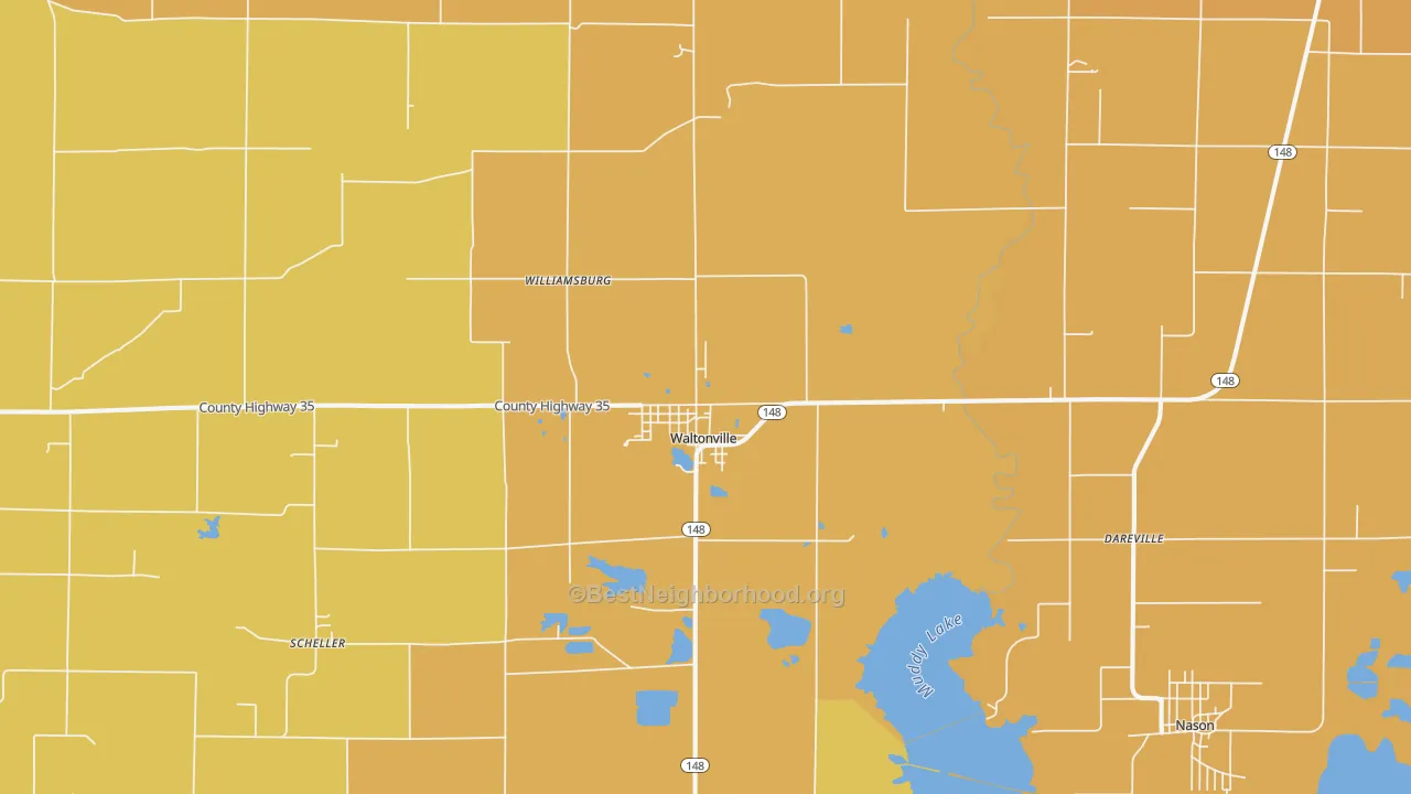 Map of the best neighborhoods in the 62894 area, with better matches in green and worse matches in red
