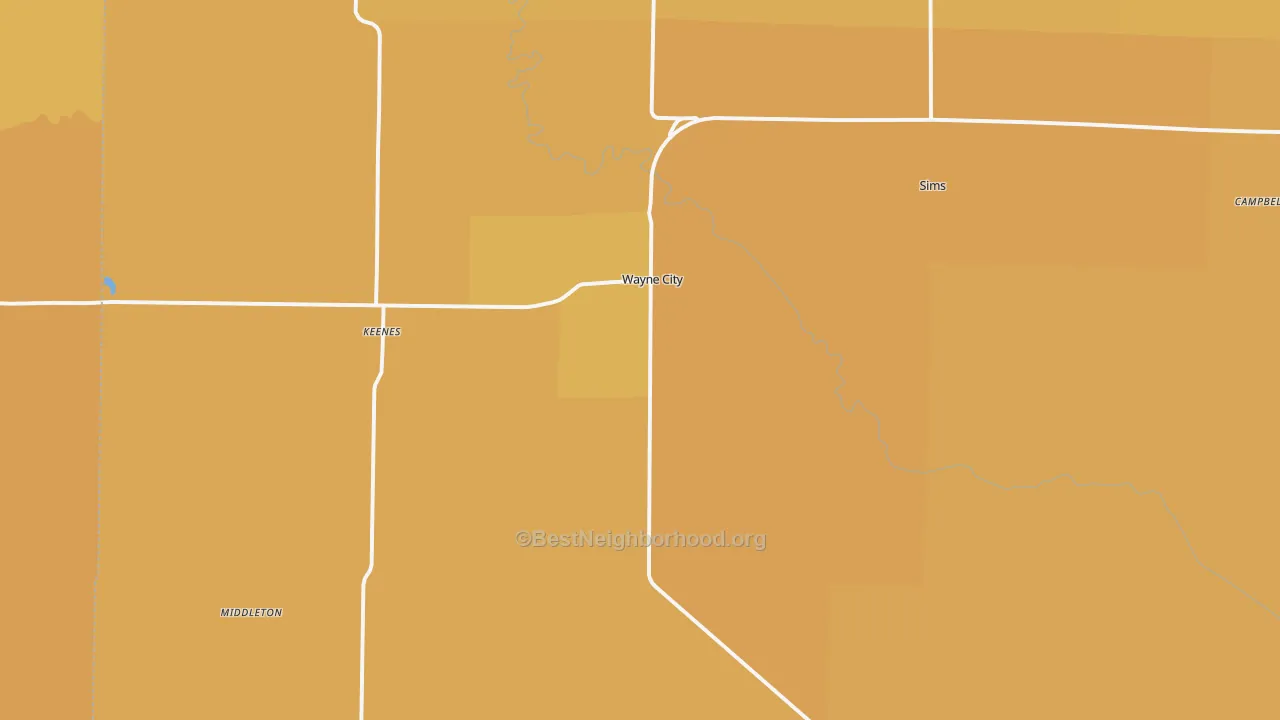 Map of the best neighborhoods in the 62895 area, with better matches in green and worse matches in red