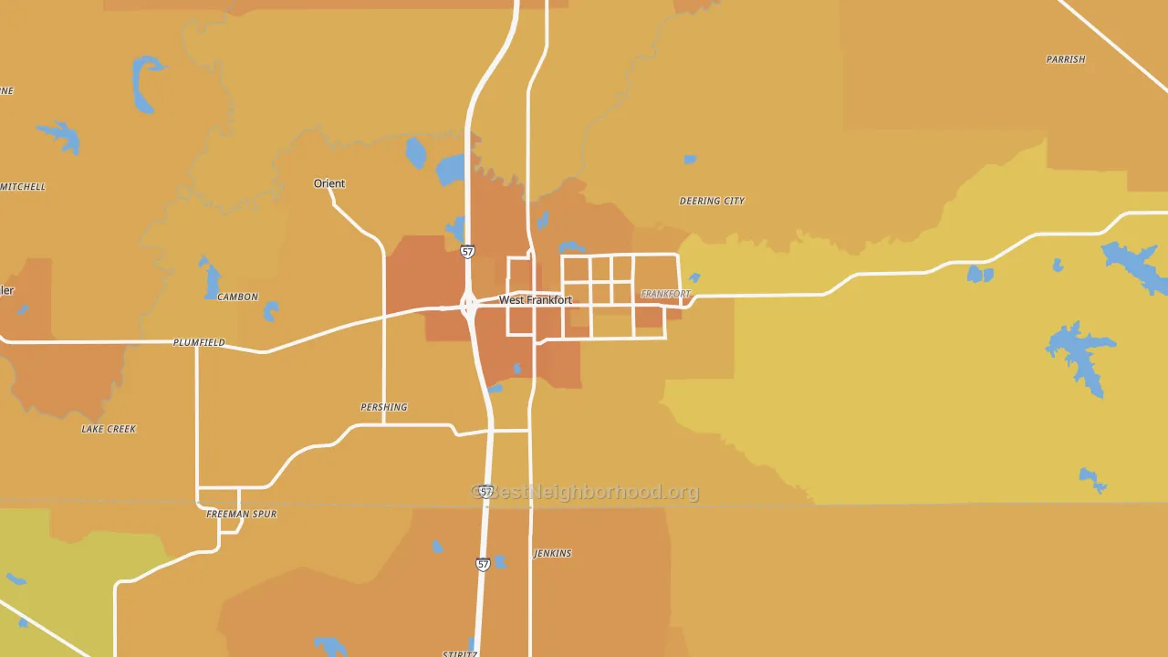 Map of the best neighborhoods in the 62896 area, with better matches in green and worse matches in red