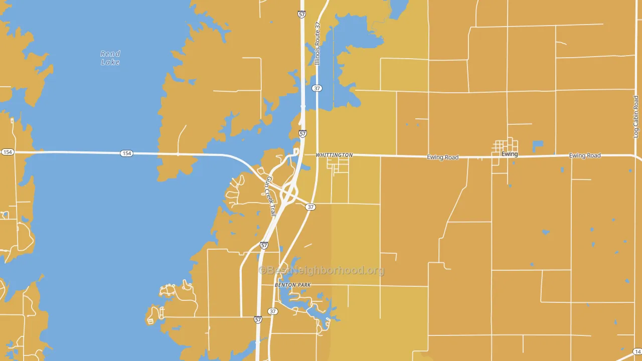 Map of the best neighborhoods in the 62897 area, with better matches in green and worse matches in red