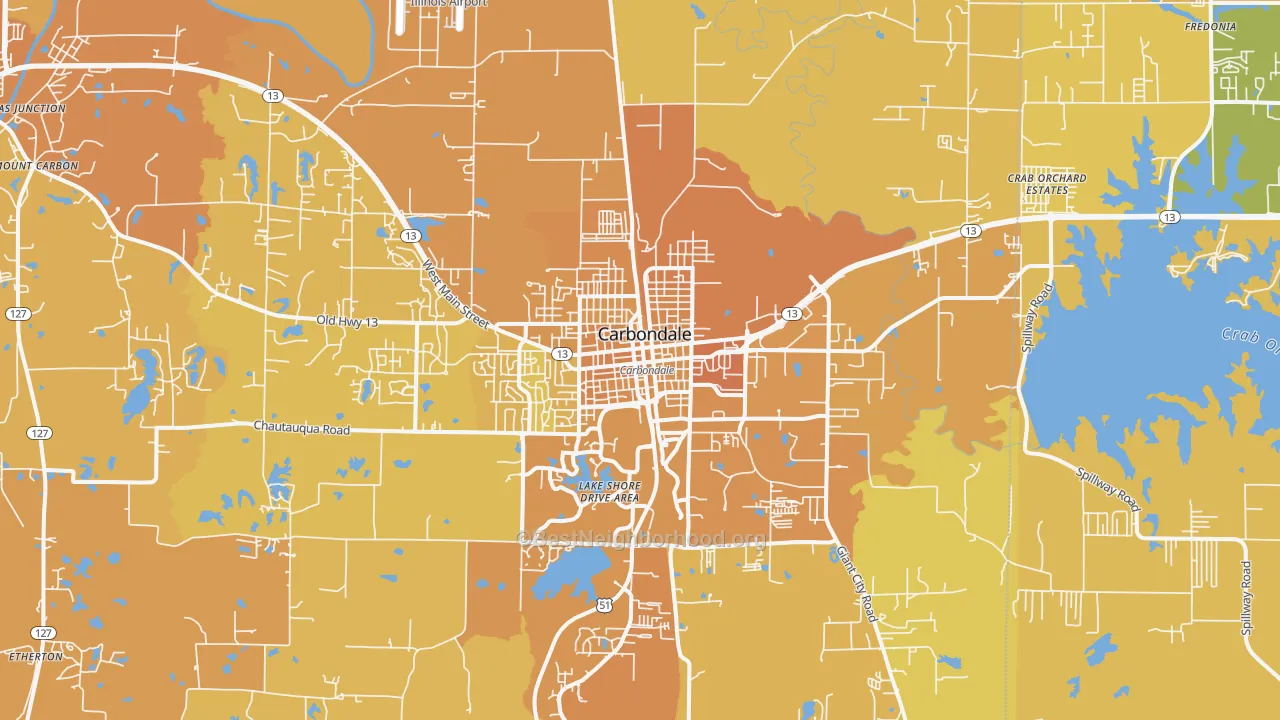 Map of the best neighborhoods in the 62901 area, with better matches in green and worse matches in red