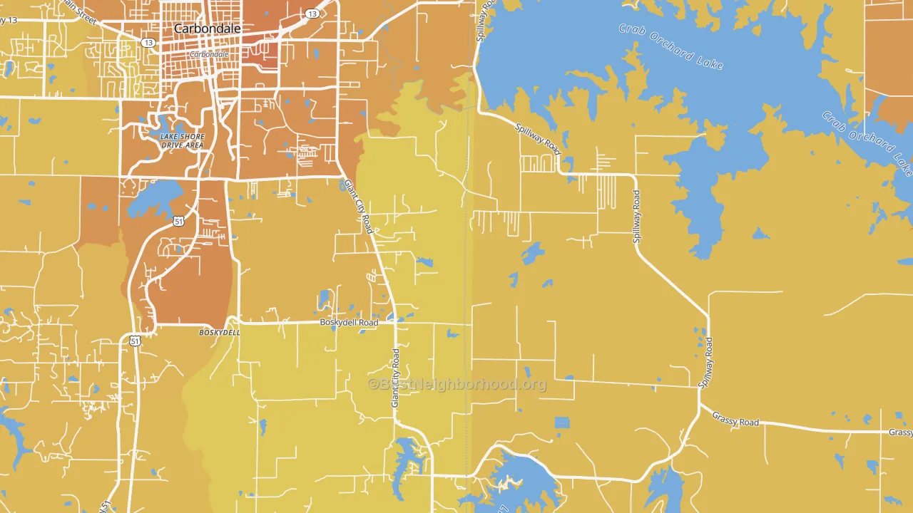 Map of the best neighborhoods in the 62902 area, with better matches in green and worse matches in red
