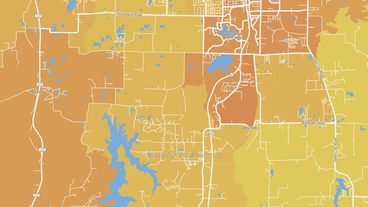 Map of the best neighborhoods in the 62903 area, with better matches in green and worse matches in red
