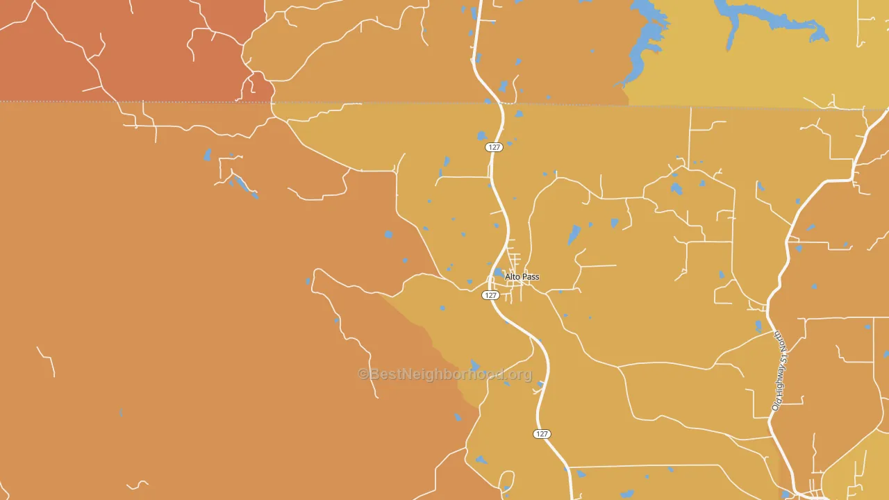 Map of the best neighborhoods in the 62905 area, with better matches in green and worse matches in red