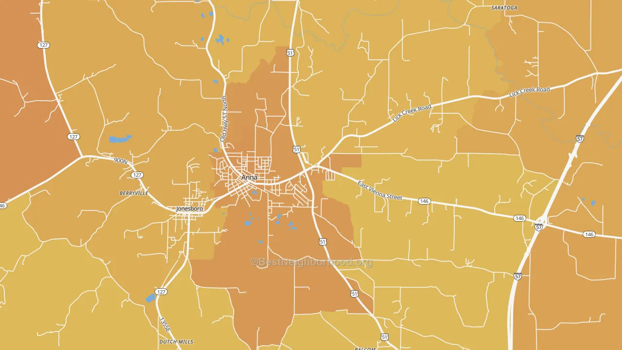 Map of the best neighborhoods in the 62906 area, with better matches in green and worse matches in red