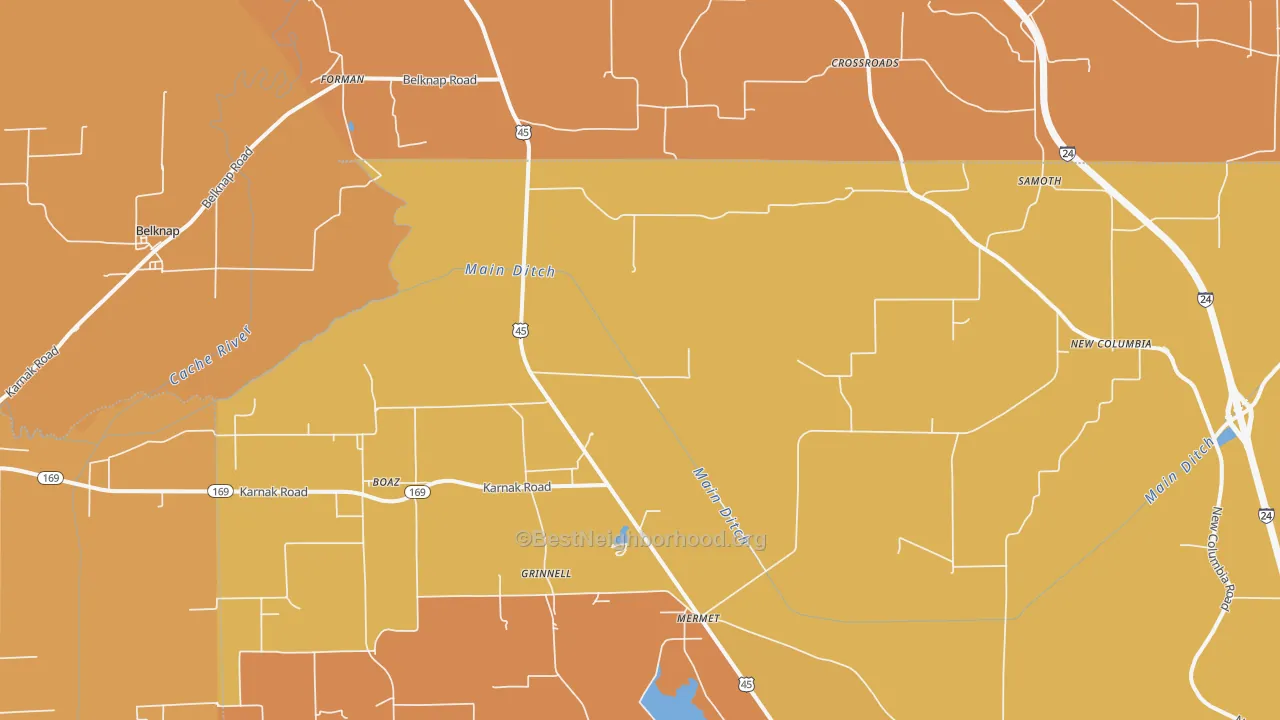 Map of the best neighborhoods in the 62908 area, with better matches in green and worse matches in red