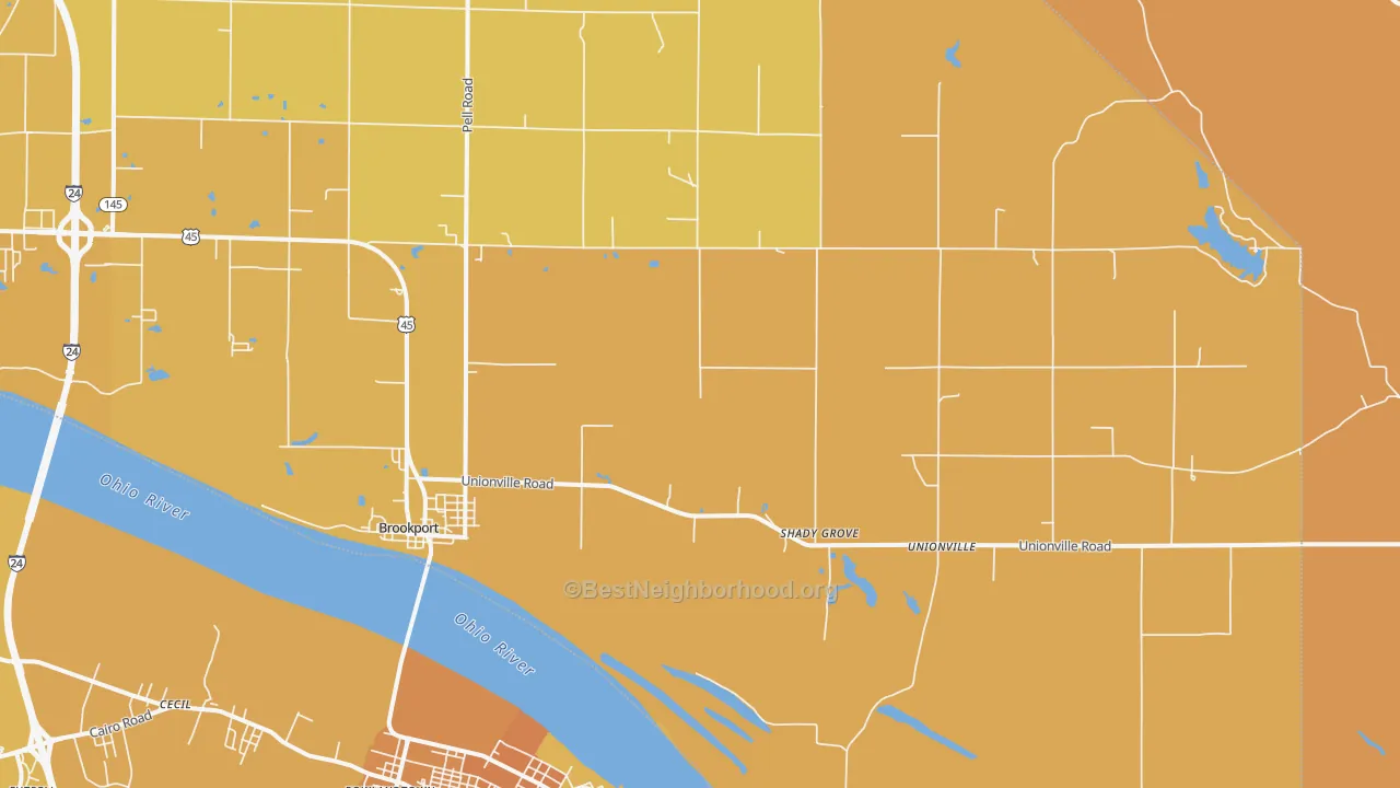 Map of the best neighborhoods in the 62910 area, with better matches in green and worse matches in red