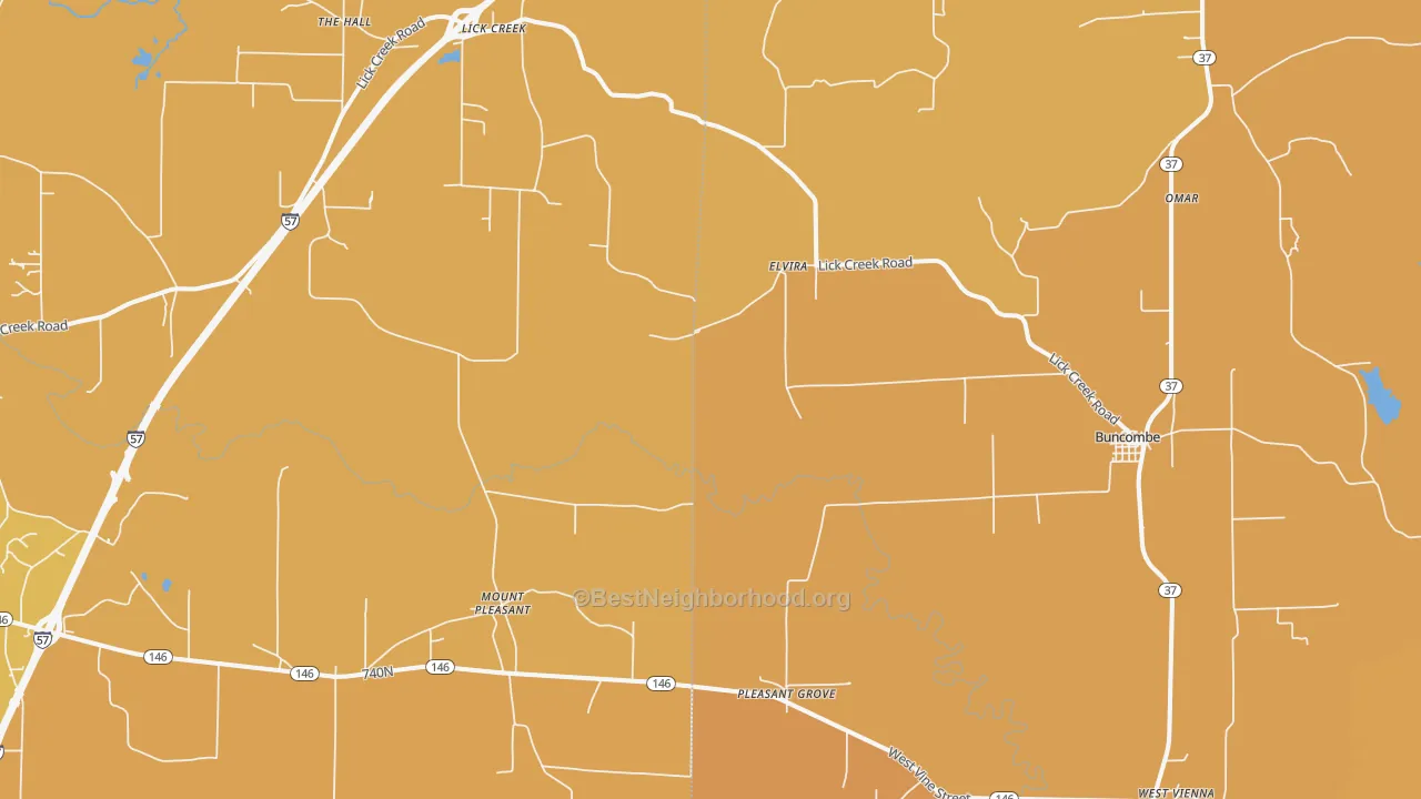 Map of the best neighborhoods in the 62912 area, with better matches in green and worse matches in red