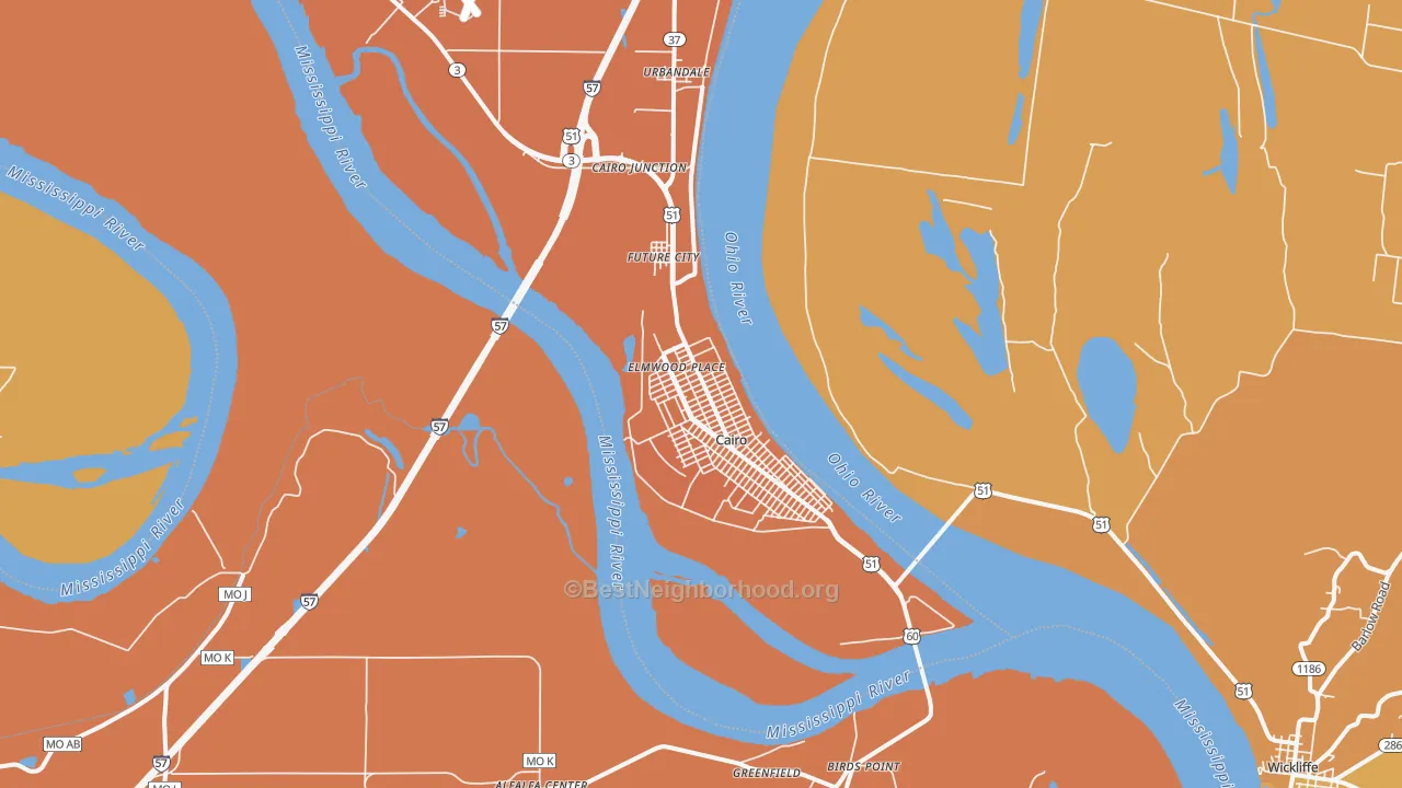 Map of the best neighborhoods in the 62914 area, with better matches in green and worse matches in red