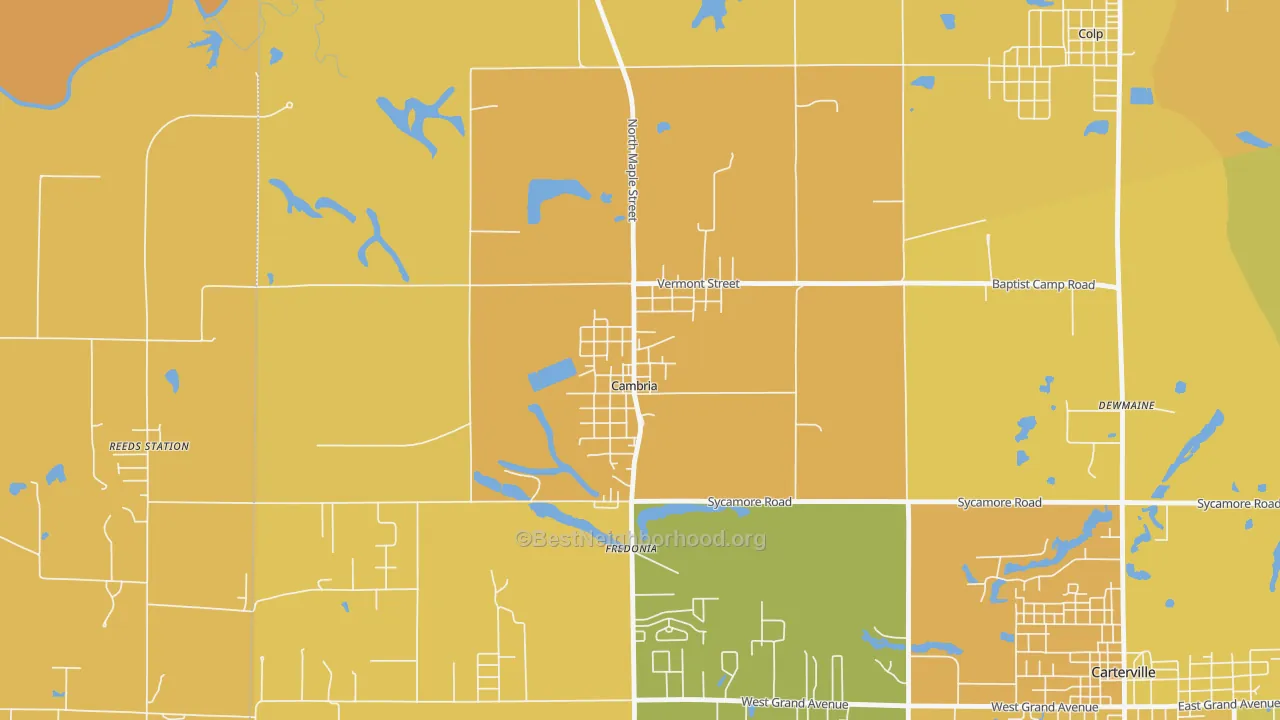 Map of the best neighborhoods in the 62915 area, with better matches in green and worse matches in red