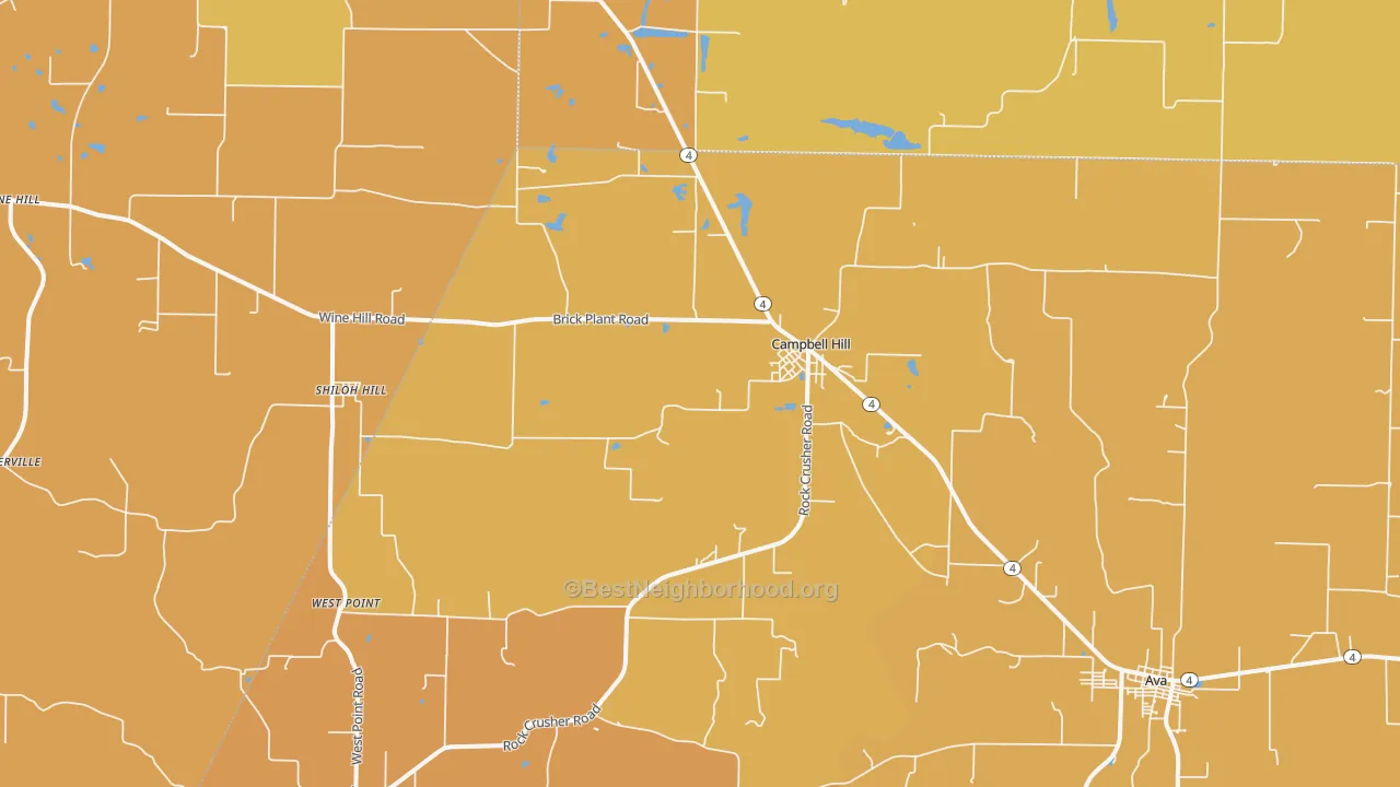 Map of the best neighborhoods in the 62916 area, with better matches in green and worse matches in red