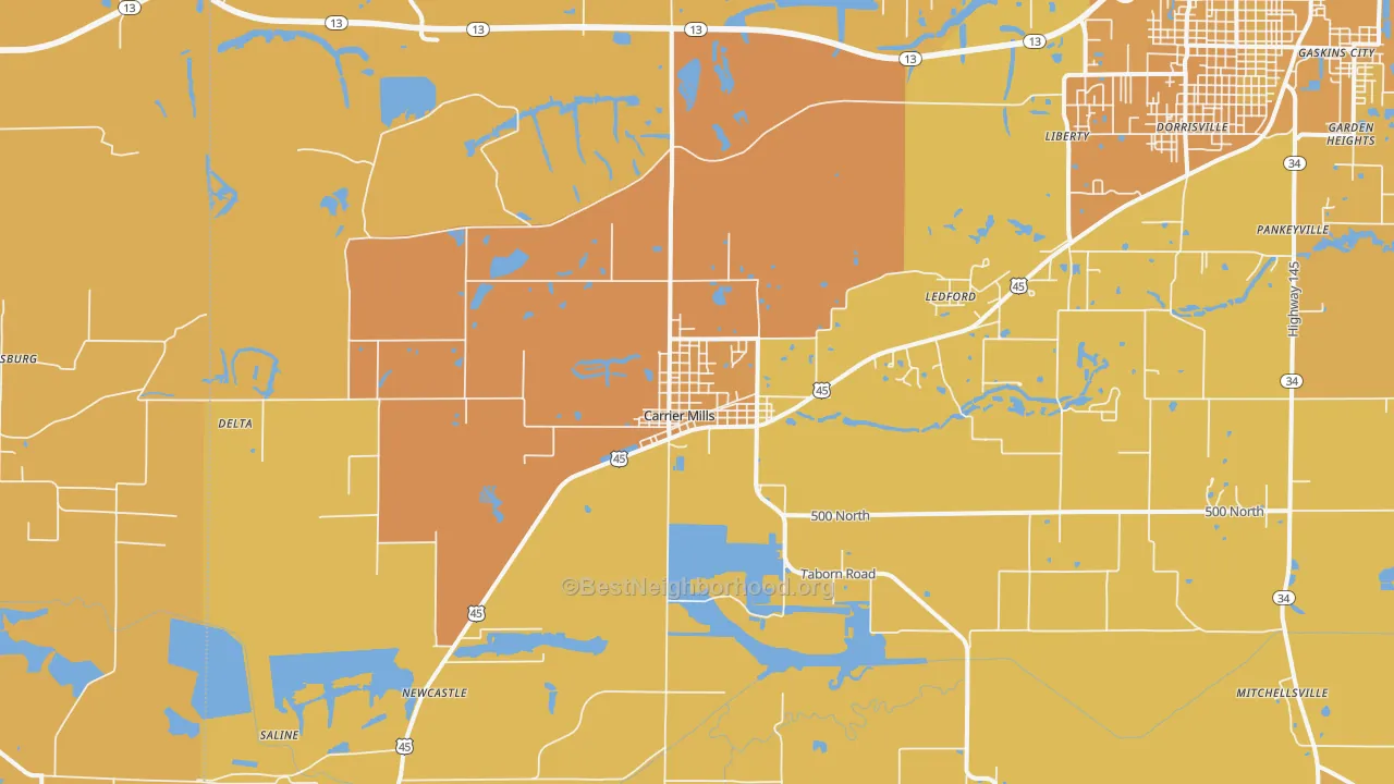 Map of the best neighborhoods in the 62917 area, with better matches in green and worse matches in red