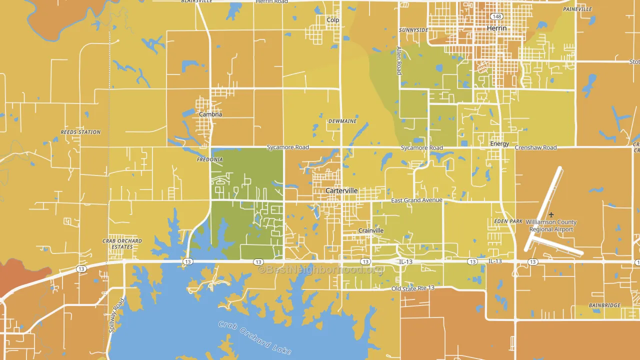 Map of the best neighborhoods in the 62918 area, with better matches in green and worse matches in red