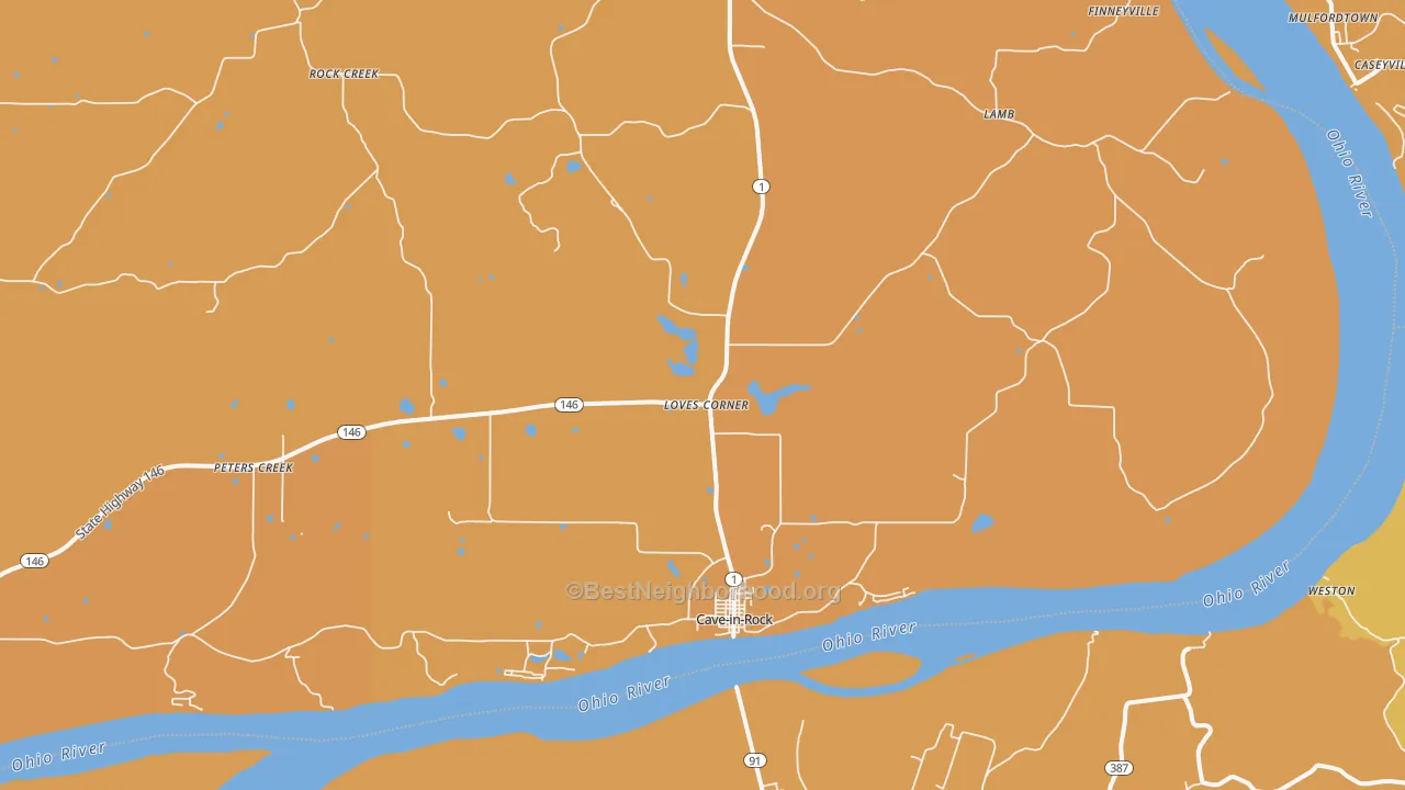 Map of the best neighborhoods in the 62919 area, with better matches in green and worse matches in red