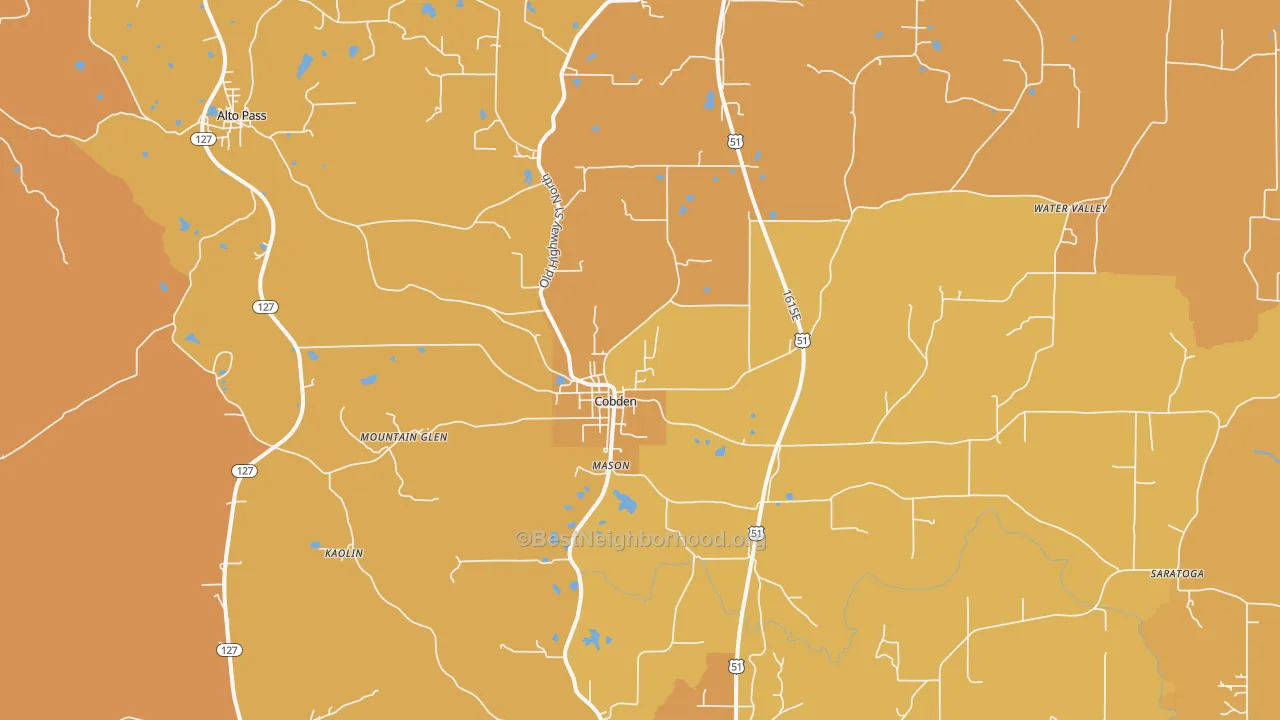 Map of the best neighborhoods in the 62920 area, with better matches in green and worse matches in red