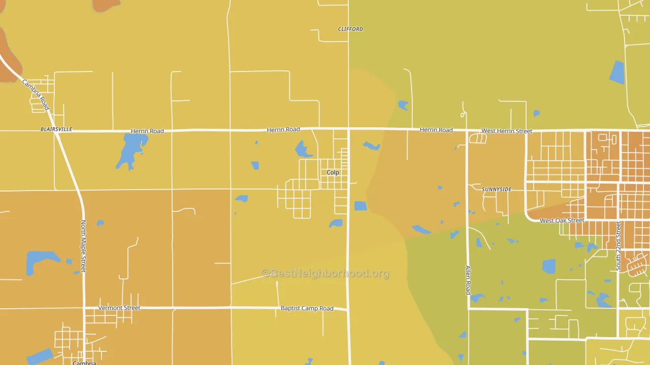 Map of the best neighborhoods in the 62921 area, with better matches in green and worse matches in red