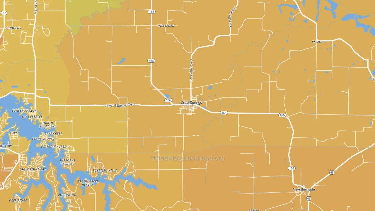 Map of the best neighborhoods in the 62922 area, with better matches in green and worse matches in red