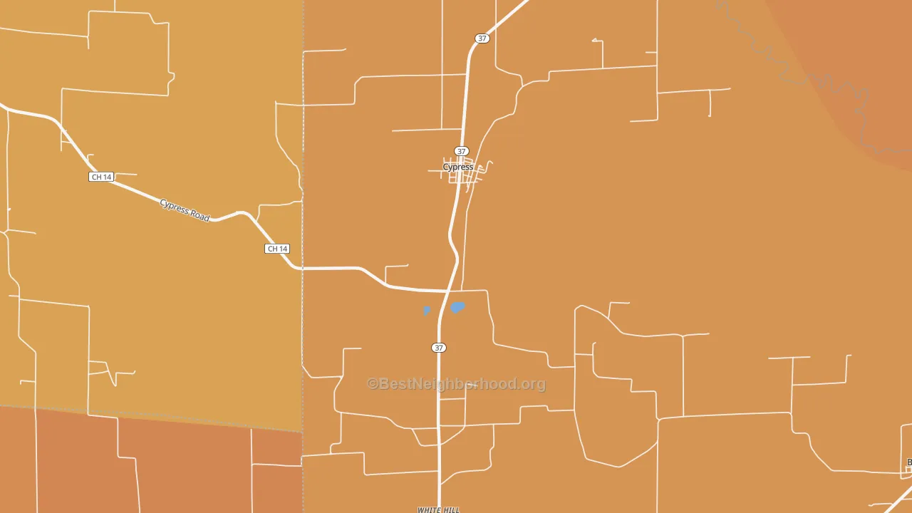 Map of the best neighborhoods in the 62923 area, with better matches in green and worse matches in red