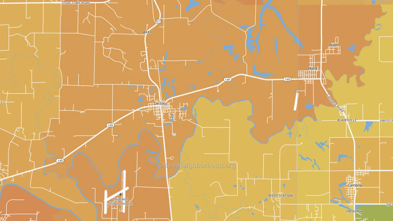 Map of the best neighborhoods in the 62924 area, with better matches in green and worse matches in red