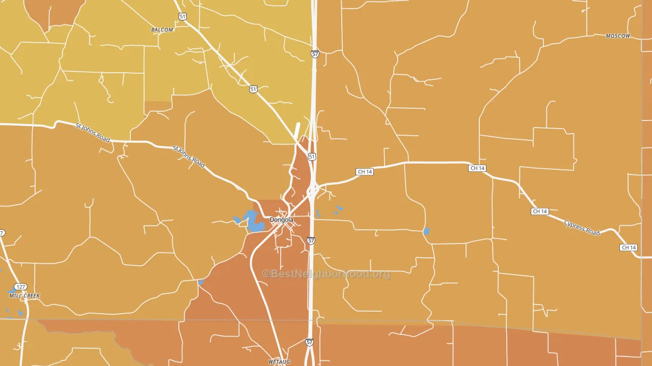 Map of the best neighborhoods in the 62926 area, with better matches in green and worse matches in red