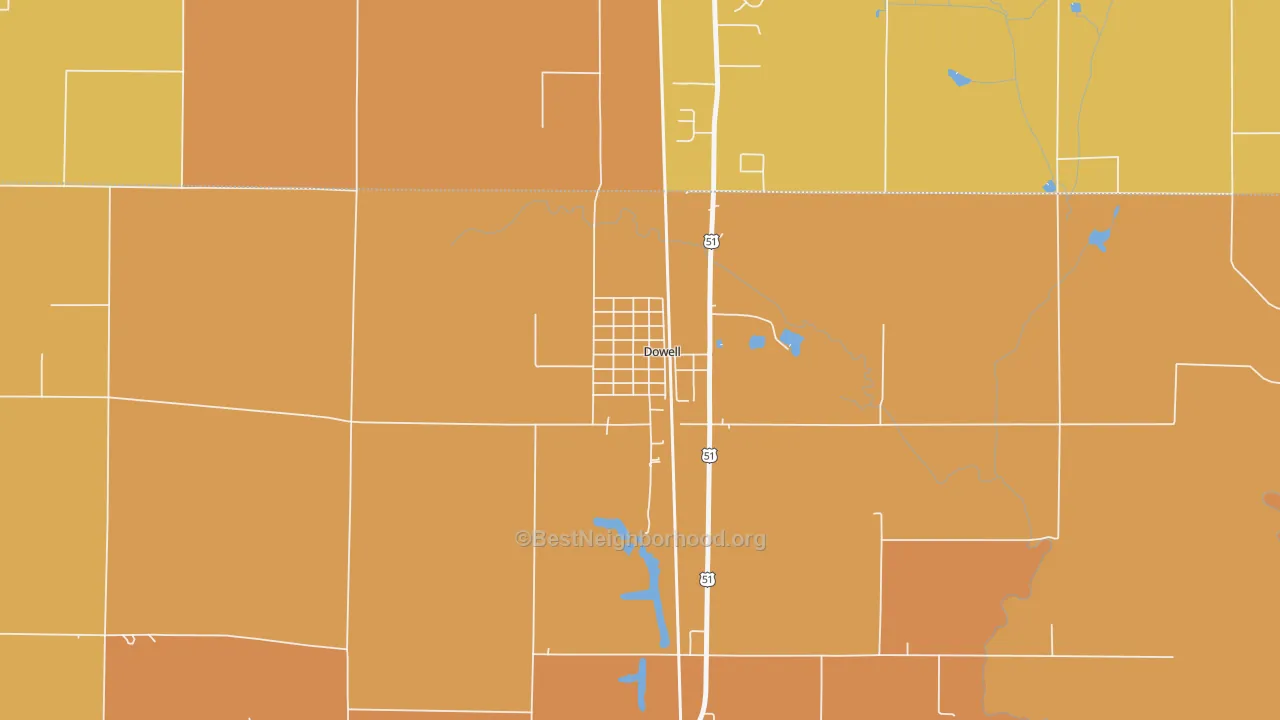 Map of the best neighborhoods in the 62927 area, with better matches in green and worse matches in red