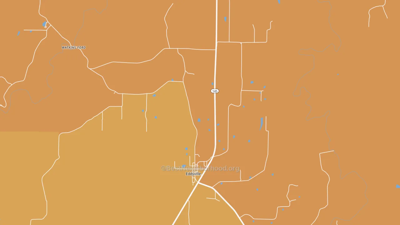 Map of the best neighborhoods in the 62928 area, with better matches in green and worse matches in red