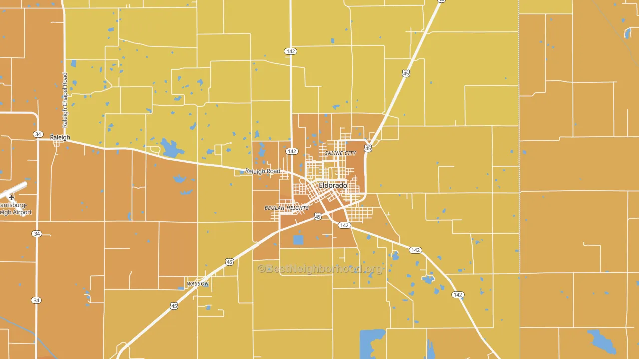 Map of the best neighborhoods in the 62930 area, with better matches in green and worse matches in red