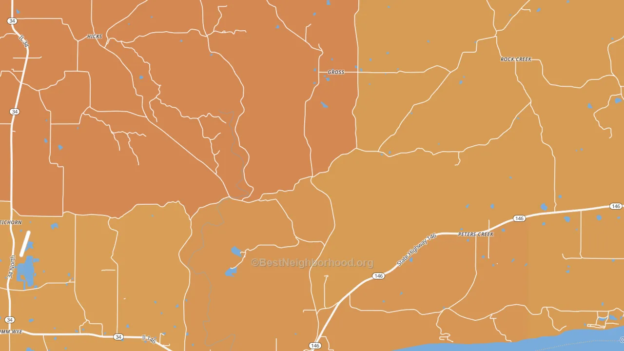 Map of the best neighborhoods in the 62931 area, with better matches in green and worse matches in red